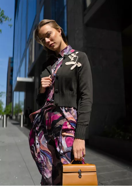 Color-Splash Dress with Olive Cardigan Outfit