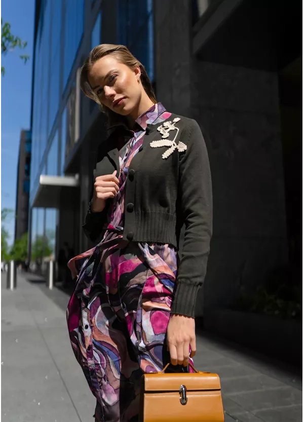 Color-Splash Dress with Olive Cardigan Outfit