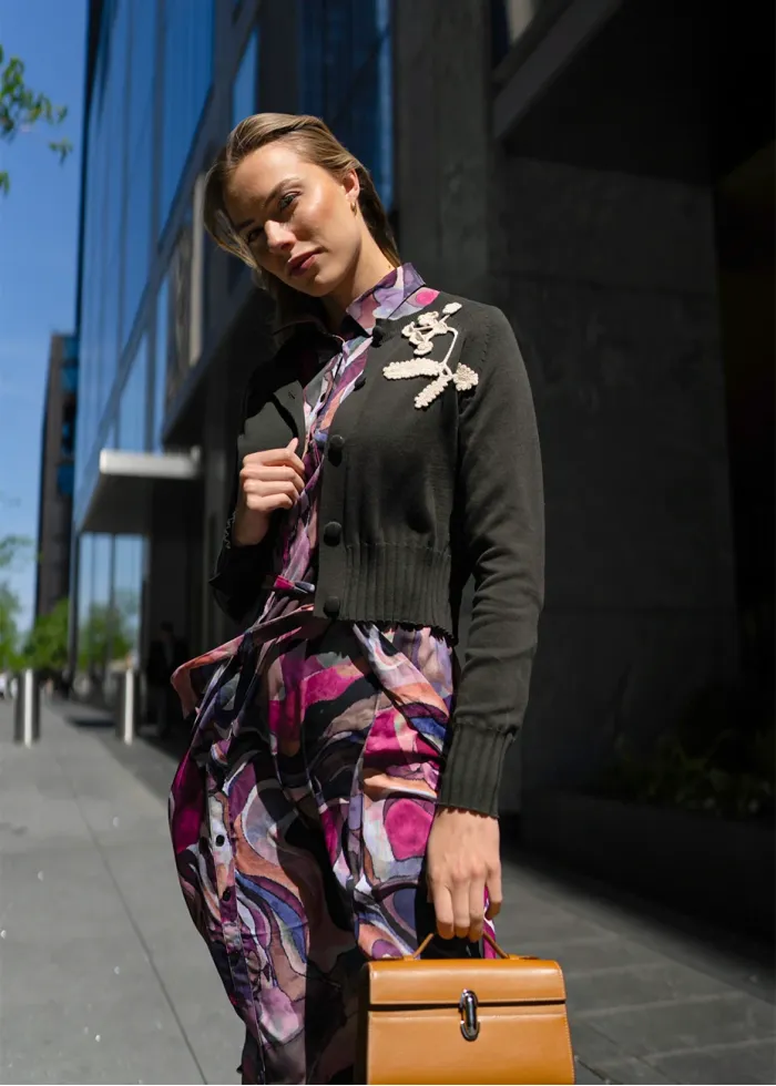 Color-Splash Dress with Olive Cardigan Outfit