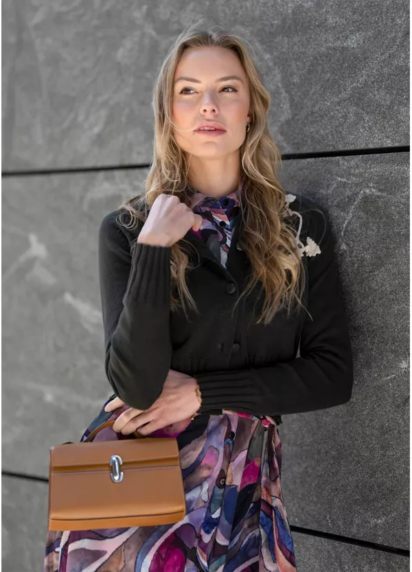Color-Splash Dress with Olive Cardigan Outfit