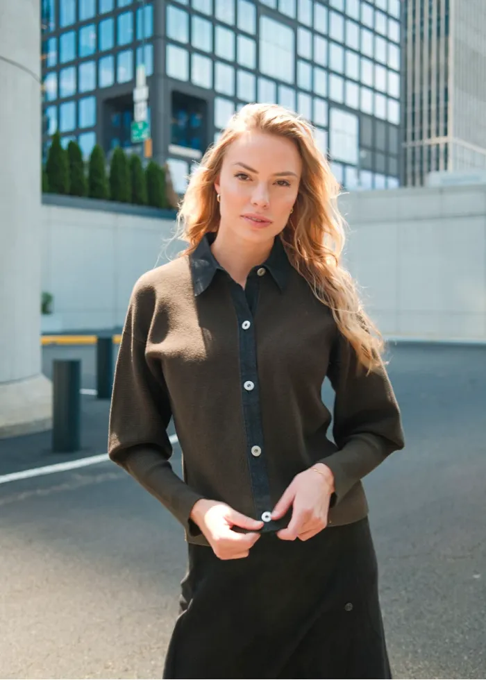 Black Button Skirt & Olive Knit Outfit
