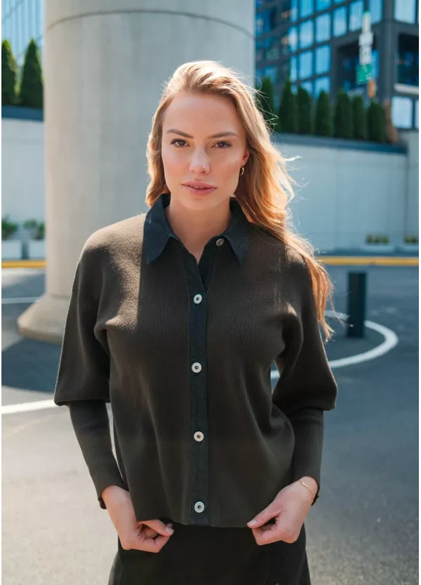 Black Button Skirt & Olive Knit Outfit