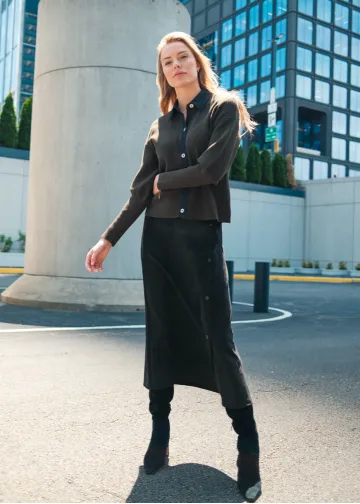 Black Button Skirt & Olive Knit Outfit