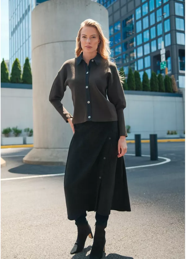 Black Button Skirt & Olive Knit Outfit