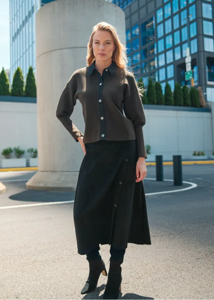 Black Button Skirt & Olive Knit Outfit