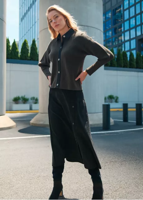 Black Button Skirt & Olive Knit Outfit