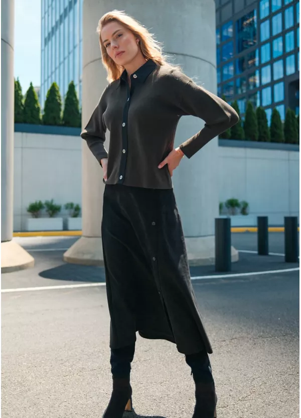 Black Button Skirt & Olive Knit Outfit