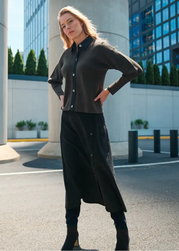 Black Button Skirt & Olive Knit Outfit