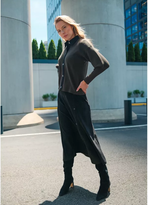 Black Button Skirt & Olive Knit Outfit