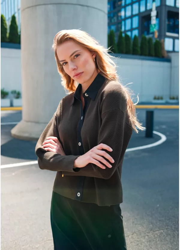 Black Button Skirt & Olive Knit Outfit