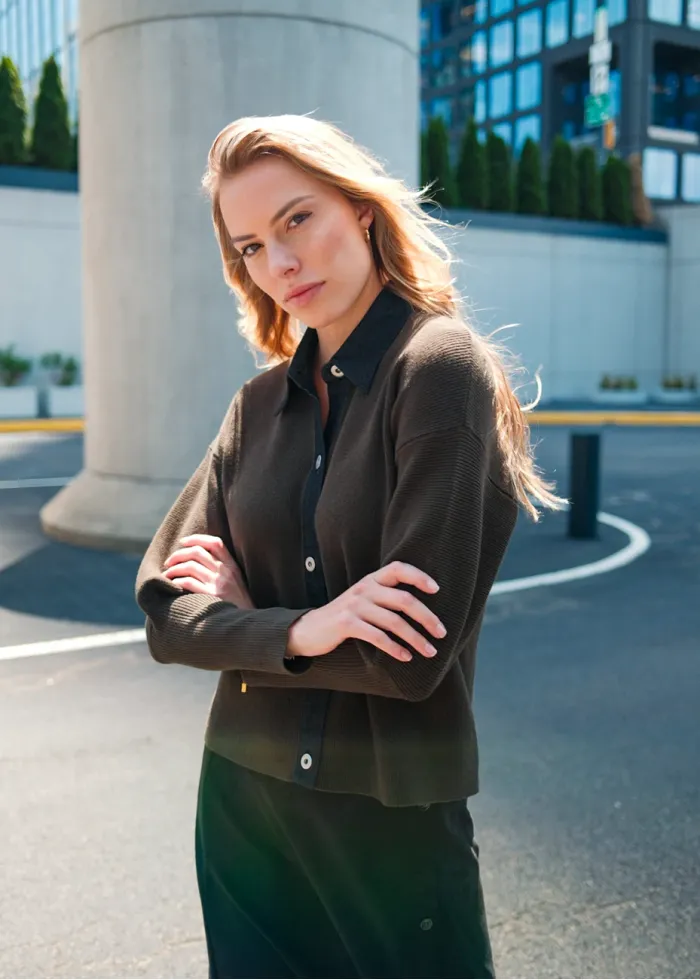 Black Button Skirt & Olive Knit Outfit