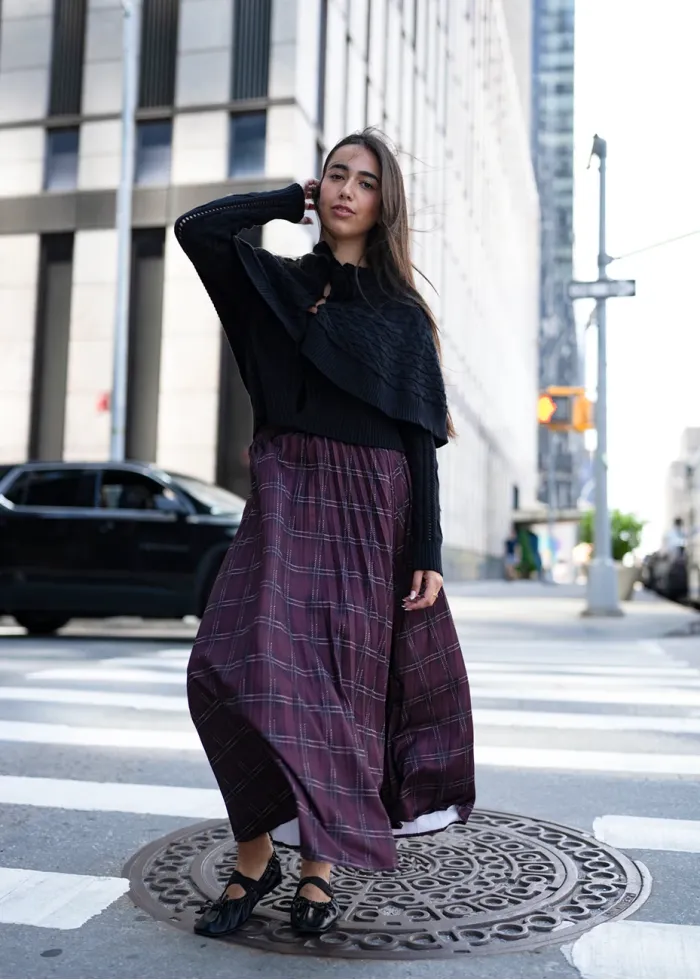 Burgundy Plaid Pleated Midi Skirt
