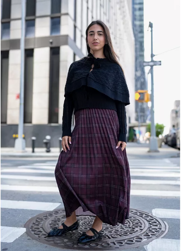 Layered Knit and Plaid Skirt City Outfit