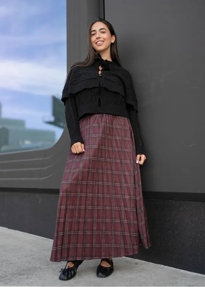Burgundy Plaid Pleated Midi Skirt