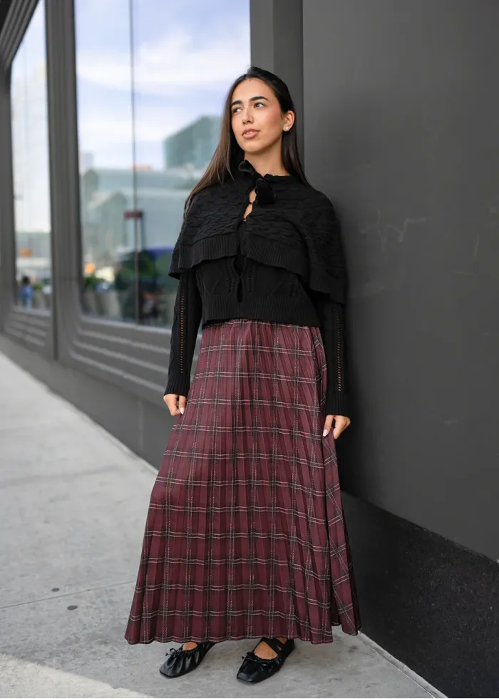 Burgundy Plaid Pleated Midi Skirt