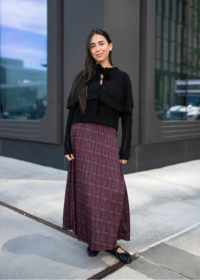 Layered Knit and Plaid Skirt City Outfit