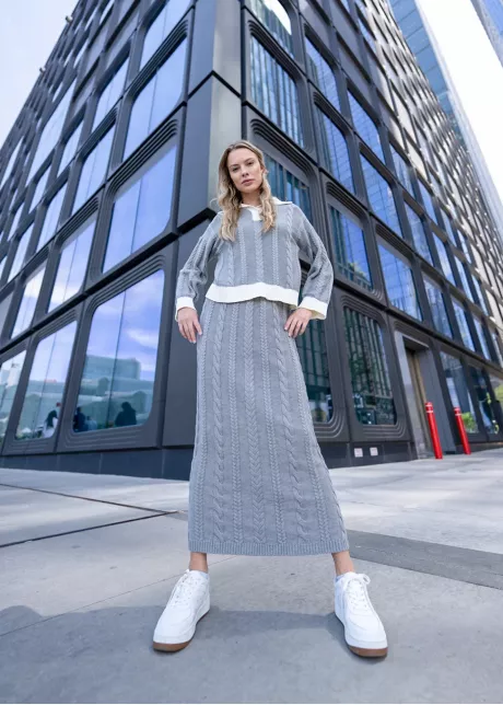 Grey Cable Knit Sweater & Skirt Set