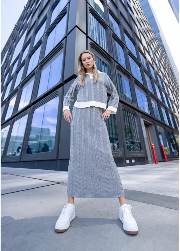 Grey Cable Knit Sweater & Skirt Set