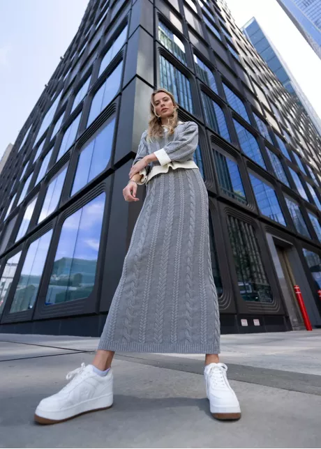 Grey Cable Knit Sweater & Skirt Set