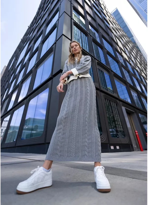 Grey Cable Knit Sweater & Skirt Set
