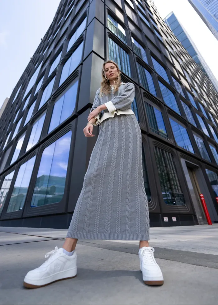 Grey Cable Knit Sweater & Skirt Set