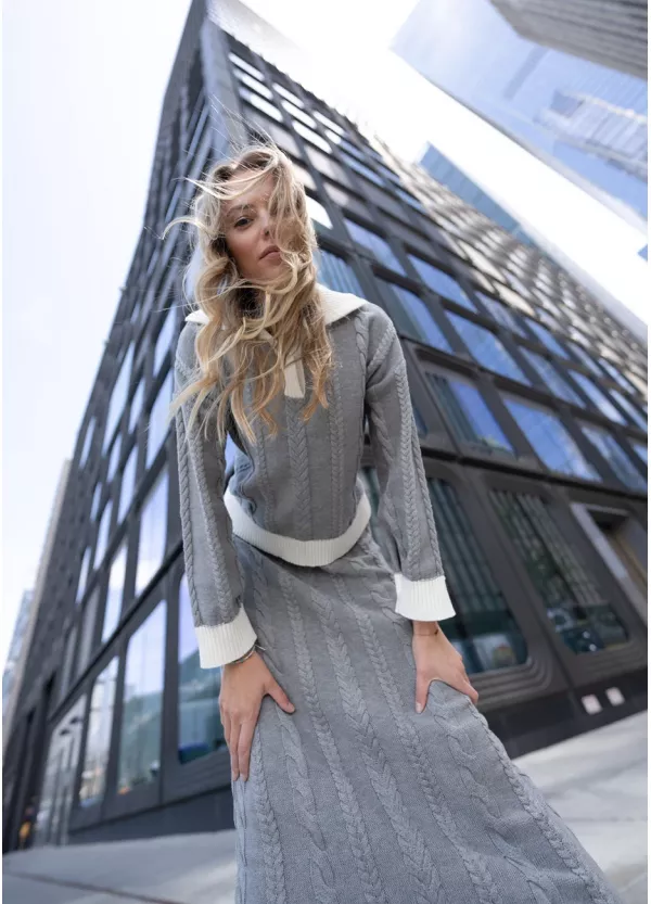 Grey Cable Knit Sweater & Skirt Set