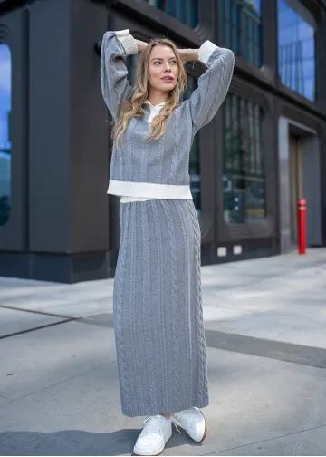 Grey Cable Knit Sweater & Skirt Set