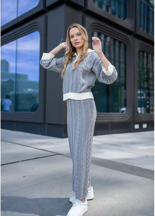 Grey Cable Knit Sweater & Skirt Set