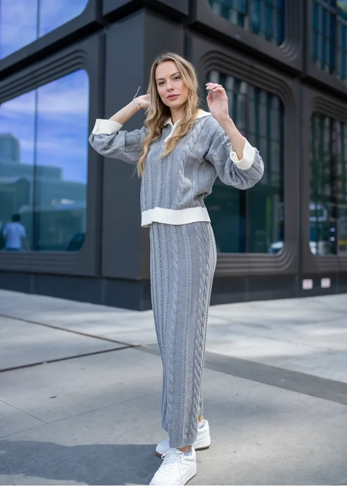 Grey Cable Knit Sweater & Skirt Set