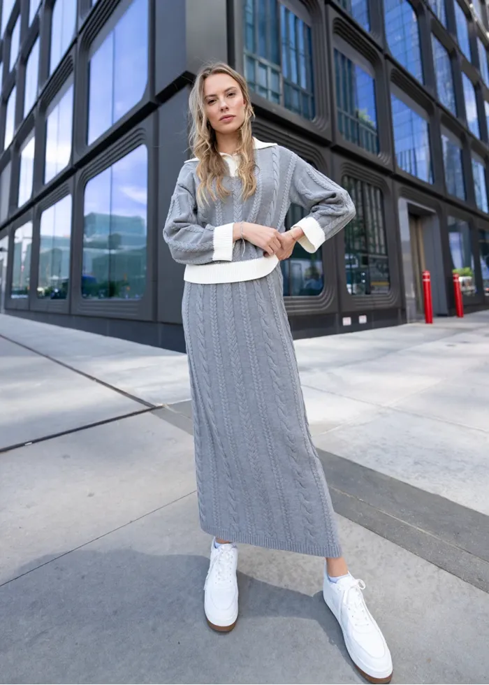 Grey Cable Knit Sweater & Skirt Set