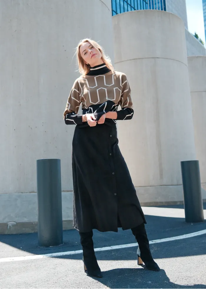 A-Line Black Midi Skirt with Button Detail