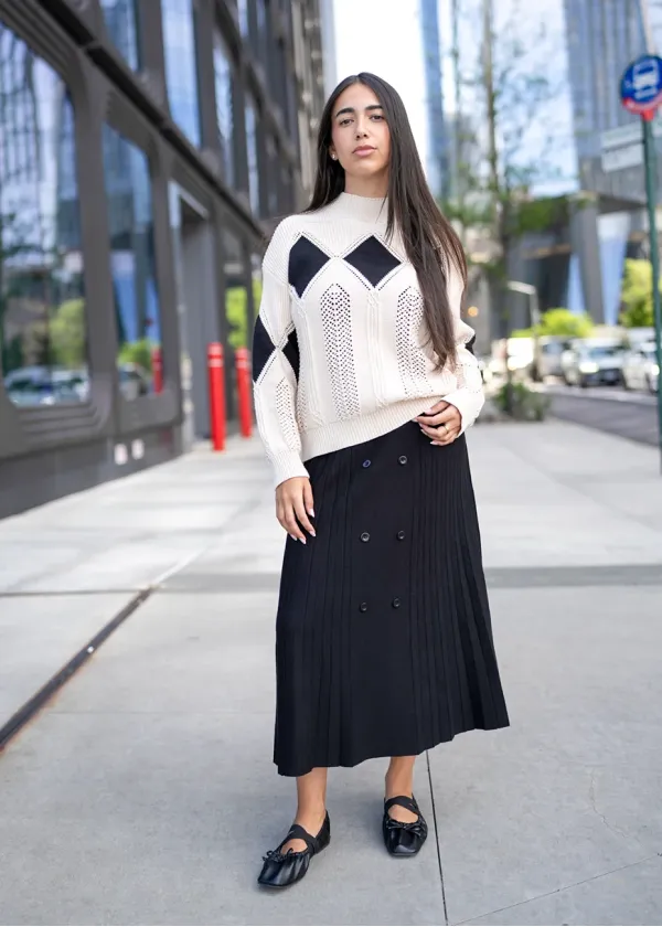 Geometric Knit and Pleat Skirt Outfit
