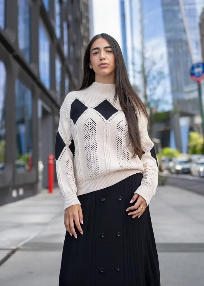 Geometric Knit and Pleat Skirt Outfit