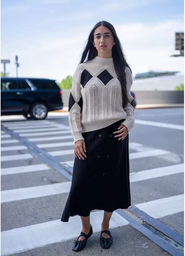 Geometric Knit and Pleat Skirt Outfit