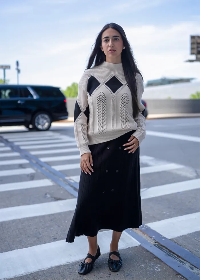 Geometric Knit and Pleat Skirt Outfit