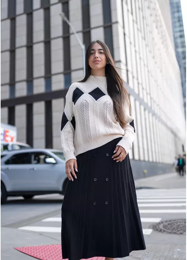 Geometric Knit and Pleat Skirt Outfit