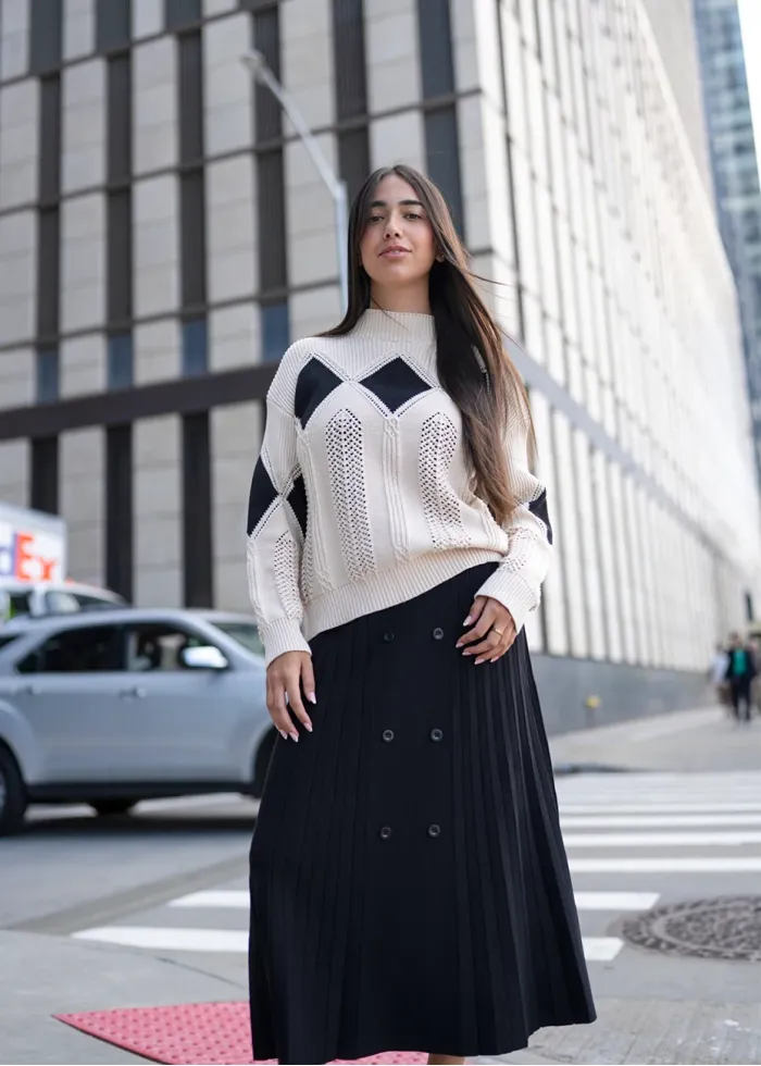 Geometric Knit and Pleat Skirt Outfit