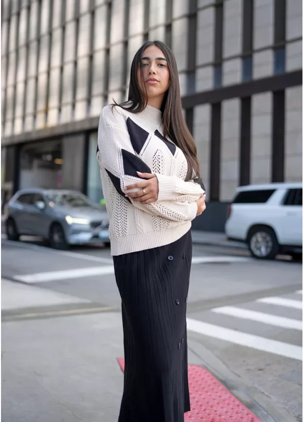 Geometric Knit and Pleat Skirt Outfit