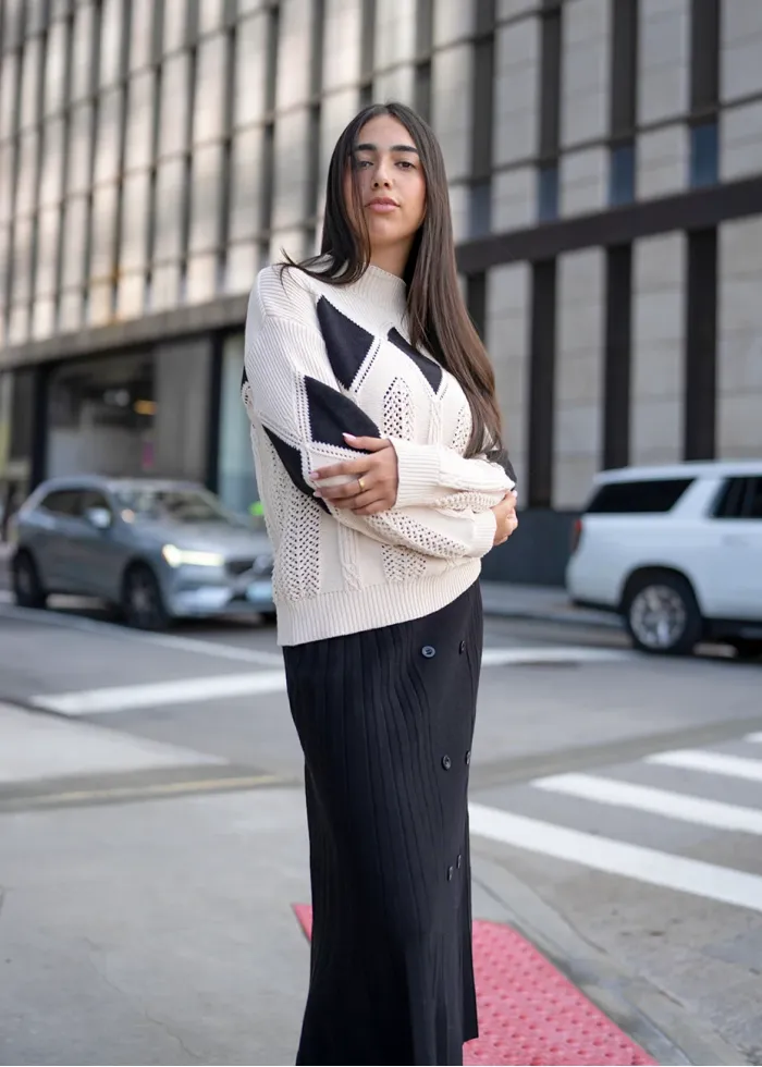 Geometric Knit and Pleat Skirt Outfit