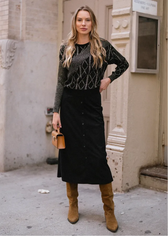 Black Corduroy Button-Front Midi Skirt