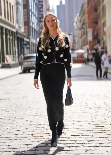 3D Flower Cardigan & Black Skirt Outfit