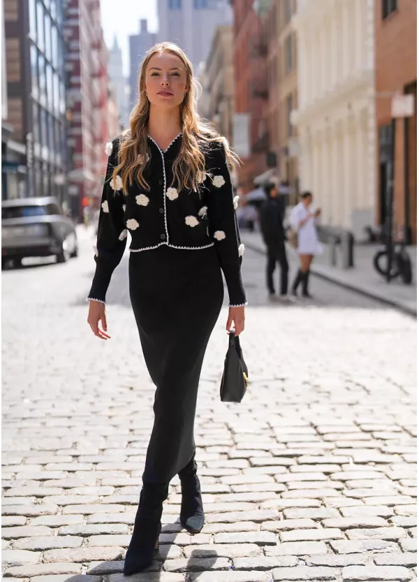 3D Flower Cardigan & Black Skirt Outfit