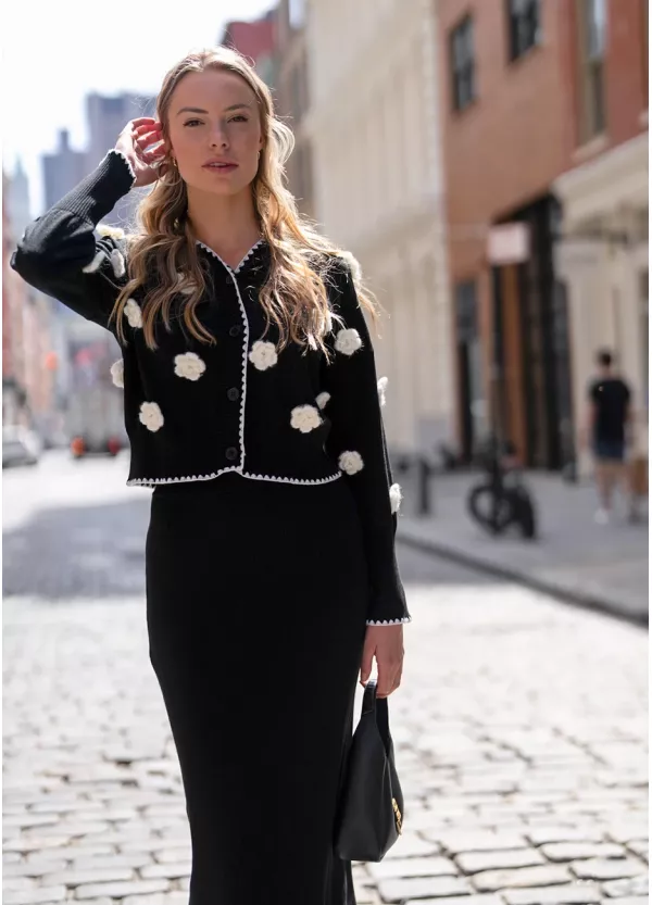3D Flower Cardigan & Black Skirt Outfit