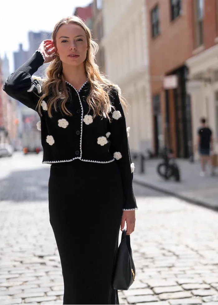 3D Flower Cardigan & Black Skirt Outfit