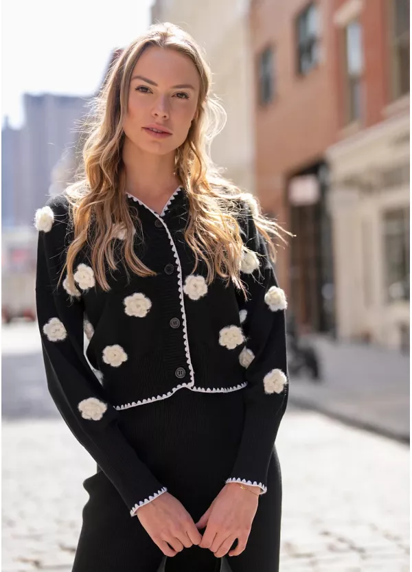 3D Flower Cardigan & Black Skirt Outfit