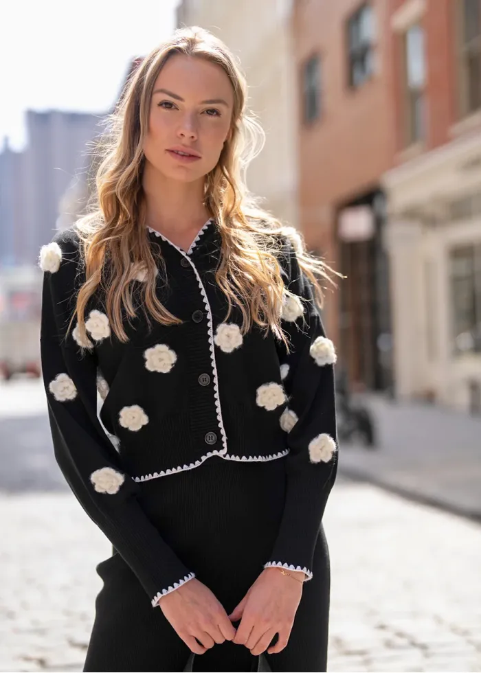 3D Flower Cardigan & Black Skirt Outfit