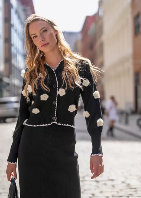 3D Flower Cardigan & Black Skirt Outfit