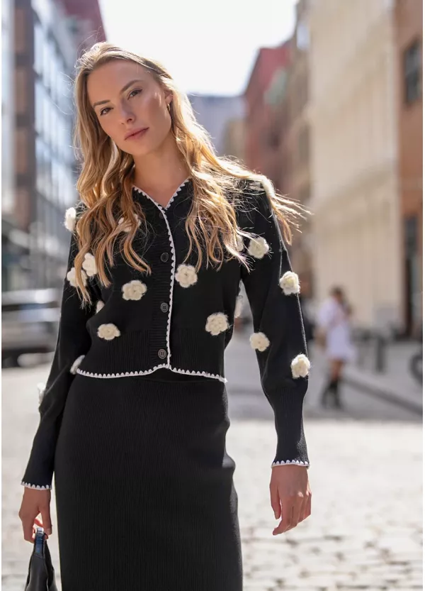 3D Flower Cardigan & Black Skirt Outfit