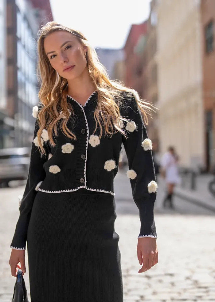 3D Flower Cardigan & Black Skirt Outfit