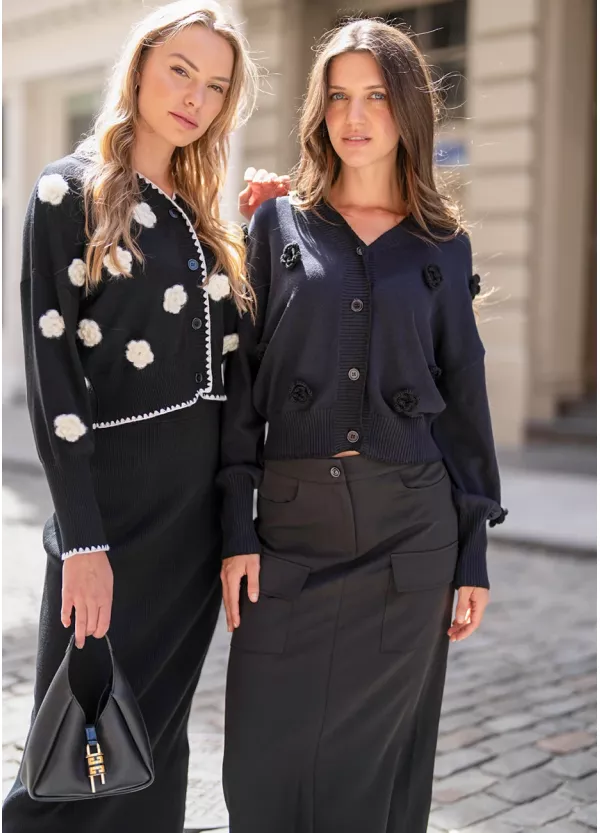 3D Flower Cardigan & Black Skirt Outfit
